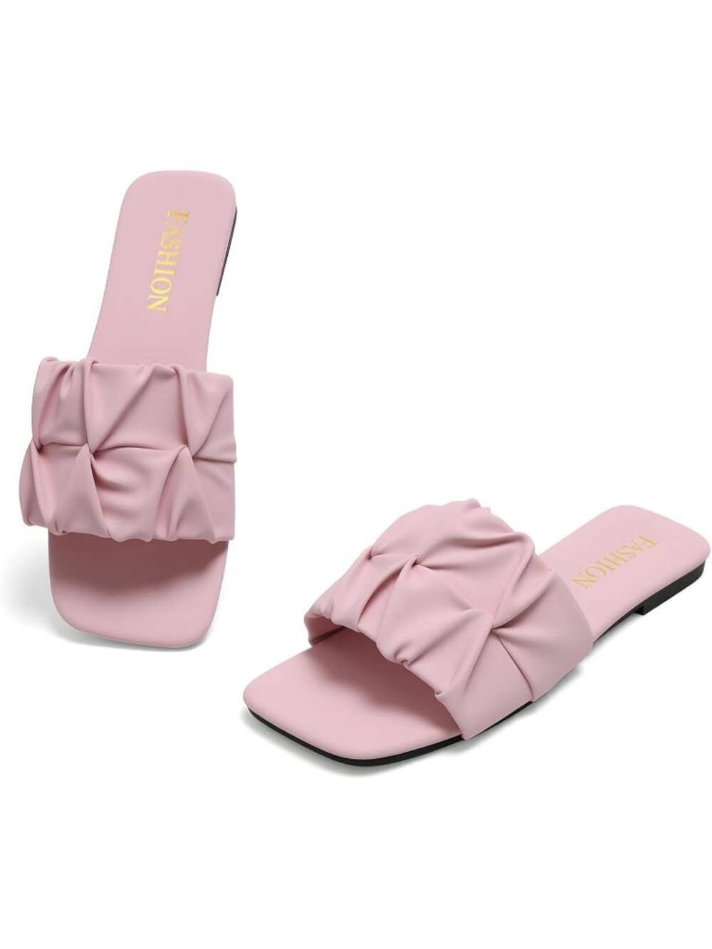 Women's Rose Pink Pleated Square Toe Slide Sandals Summer Wedding Flats Shoes